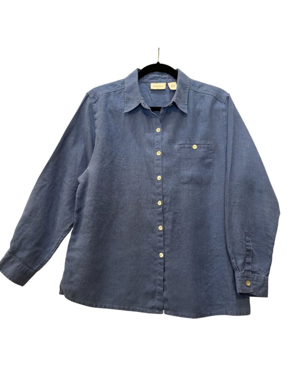 Studio Works 100% Linen Women's Blue Shirt L Long Sleeve Shell Buttons Artsy